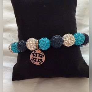 Rustic Cuff, Teal, Blue & Silver Beaded Bracelet with Charm.
